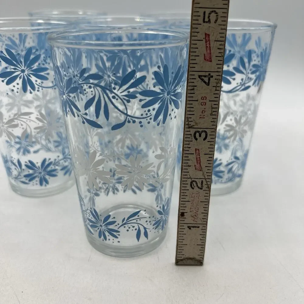 Set 6 Hazel Atlas Drinking Juice Glasses 1960s Blue White Daisies Flowers 4.5